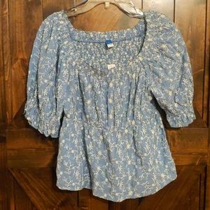 Chambray Puff Sleeve Embroidered Peasant Blouse